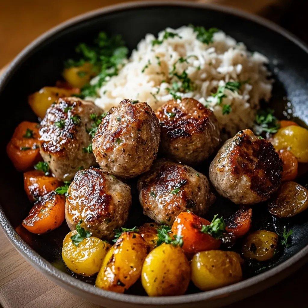 Saftige Fleischbällchen mit Reis und geröstetem Gemüse