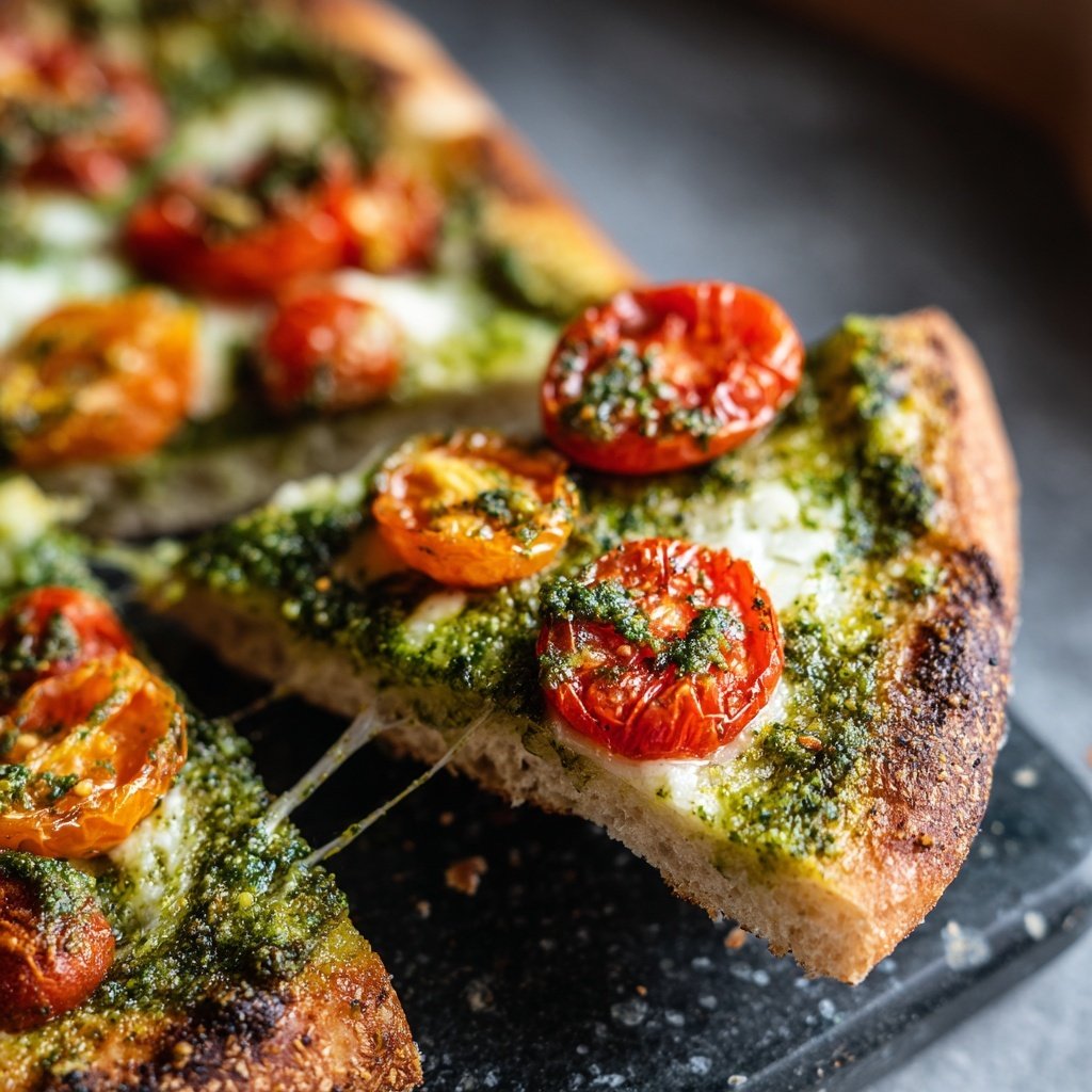 Pizza mit Pesto und Kirschtomaten