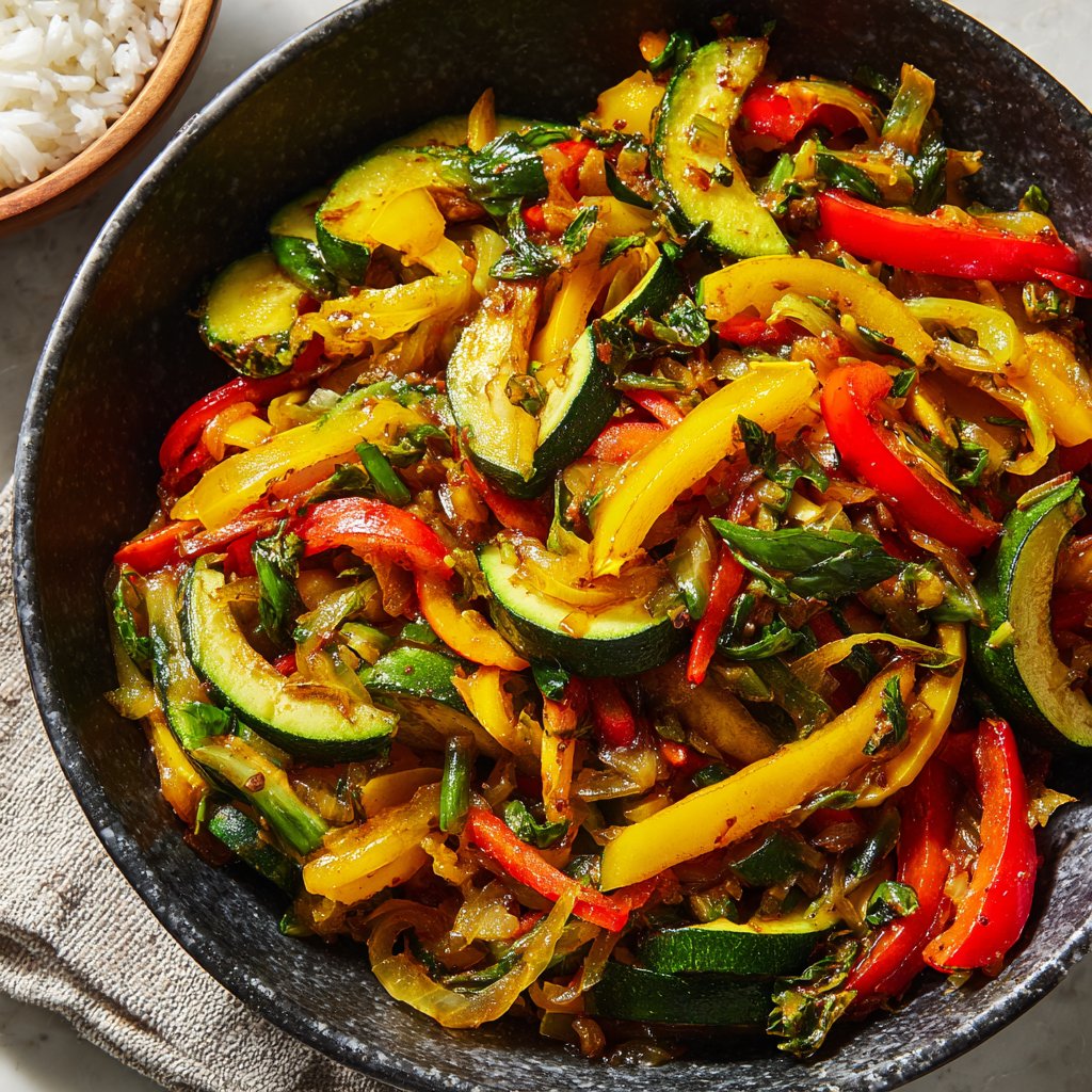 Mittagessen mit Gemüsepfanne und Reis